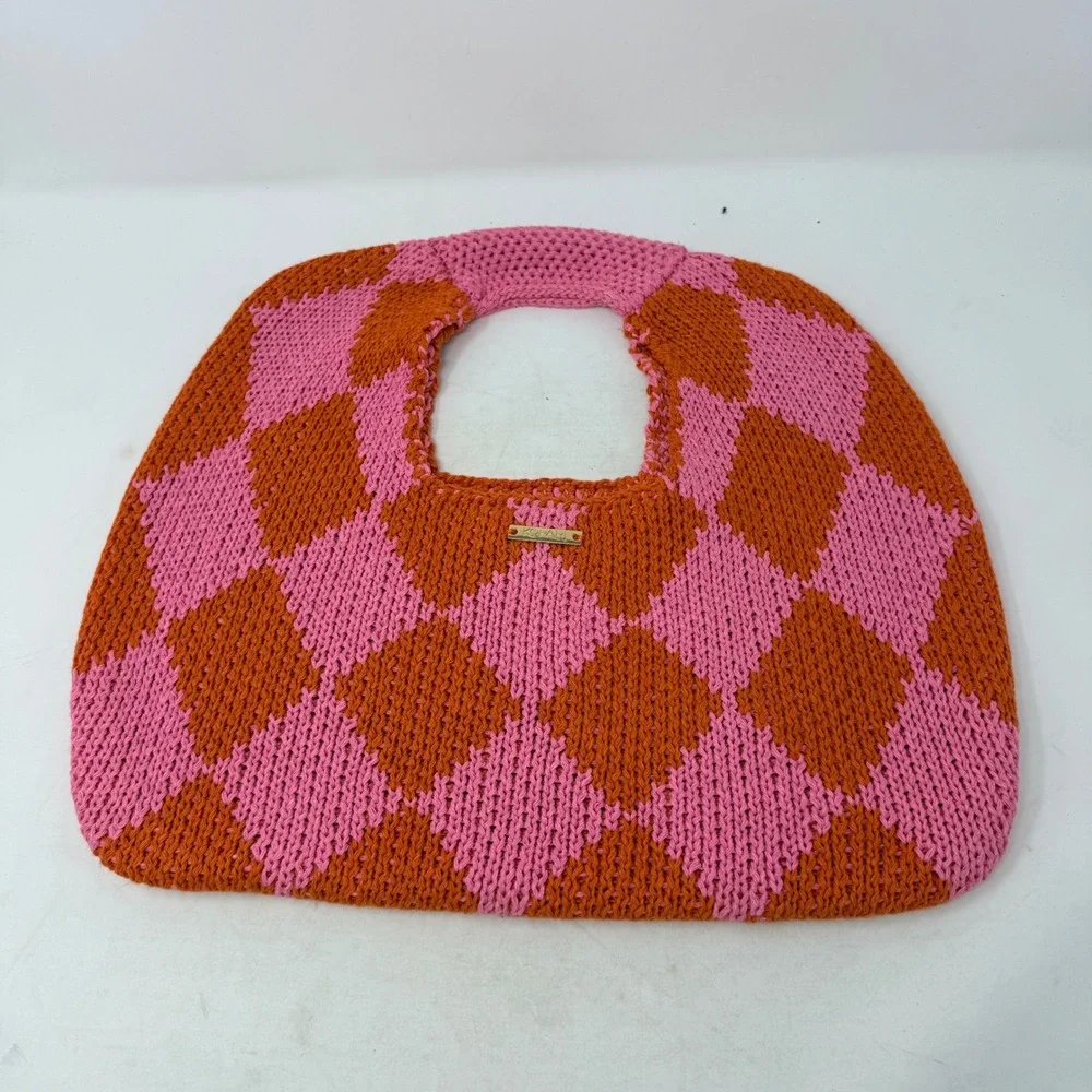 Kopari Pink Orange Checkered Knit Tote Bag Harlequin Pattern Top Handle Bag